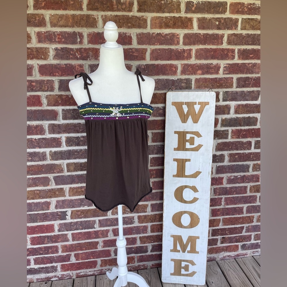 Ladies Old Navy Brown Beaded Shoulder Tie Tank Top Size Medium Perfect Fit